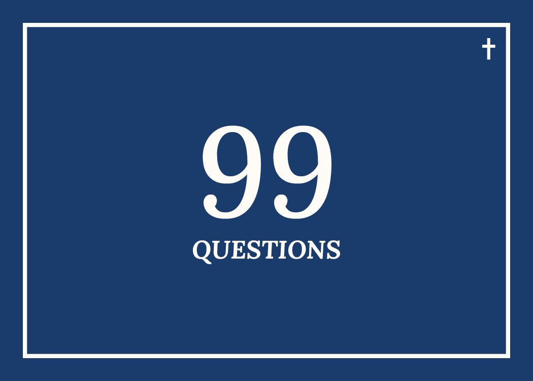 99 Questions card back — navy with the embossed 99 Questions wordmark and a small cross.