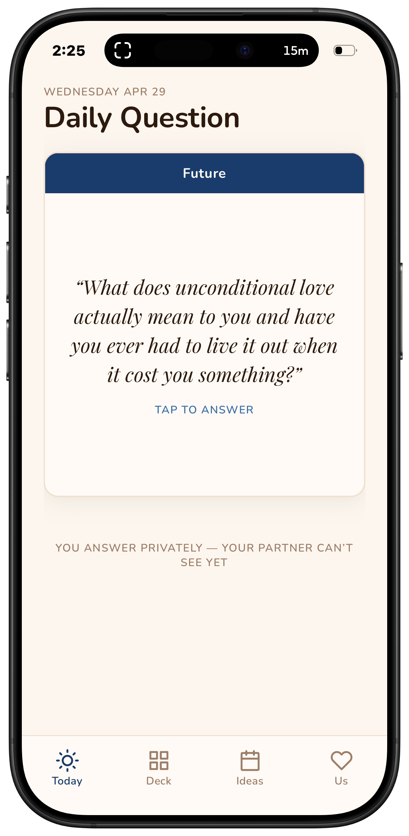 99 Questions companion app — Daily Question screen with category, reflection prompt, and tap to answer.